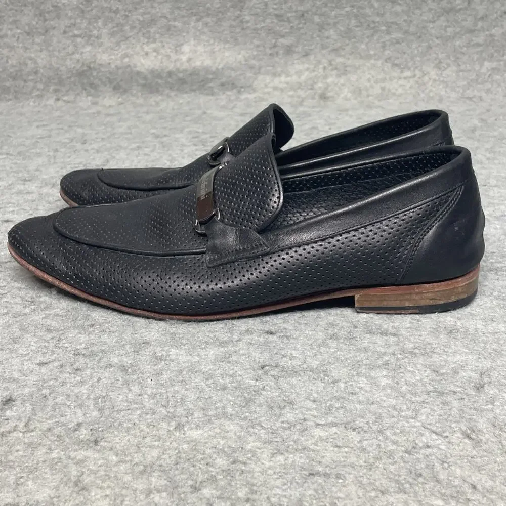 Baldinini Men 10 Loafers Black Perforated Leather Laser Cut Italy Luxury Slip-on